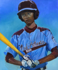 Elise Dodeles portrait painting of Mone Davis in baseball gear.